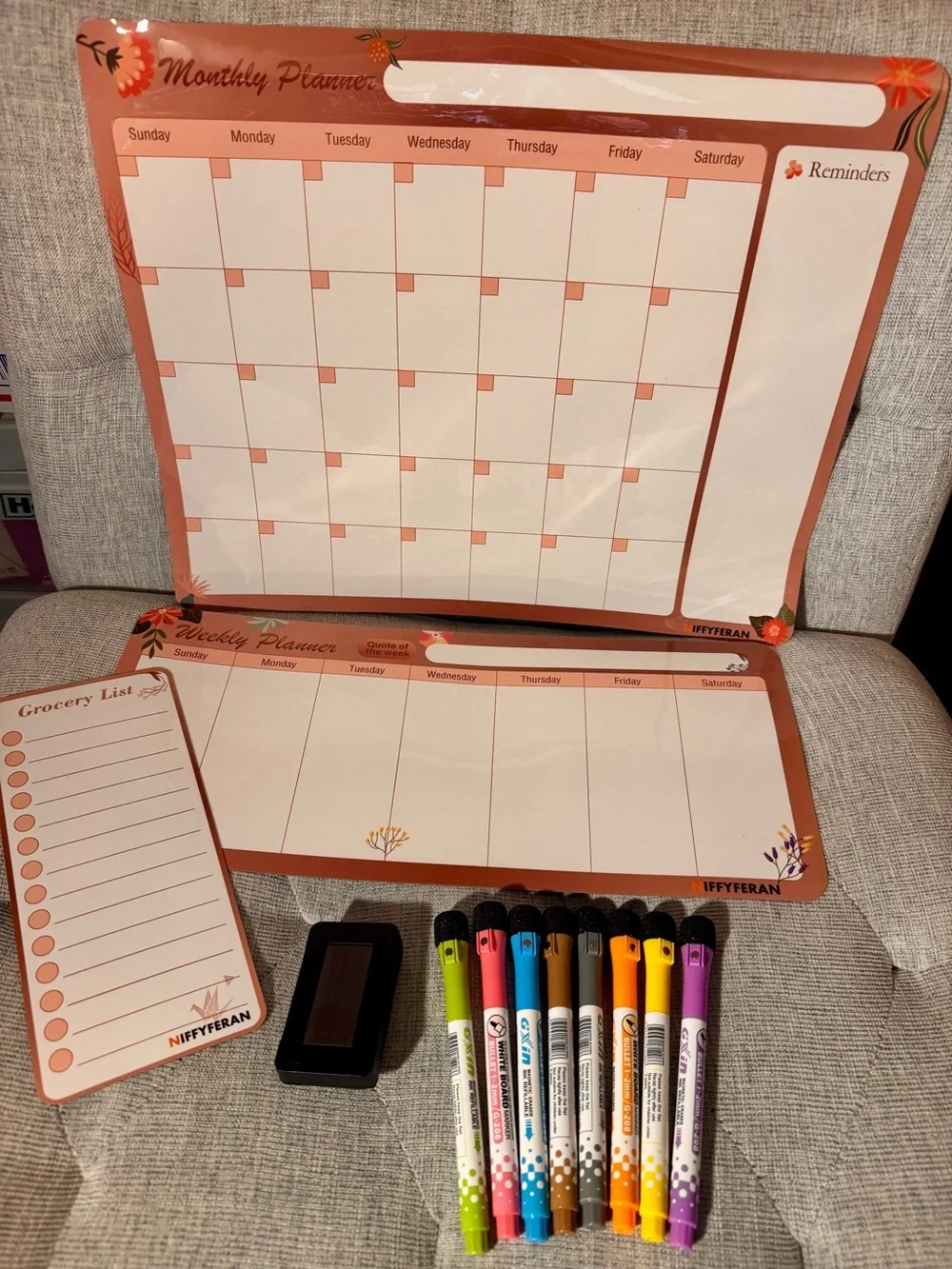 Magnetic Monthly & Weekly Planner Set Grocery List Dry Erase Markers for Fridge